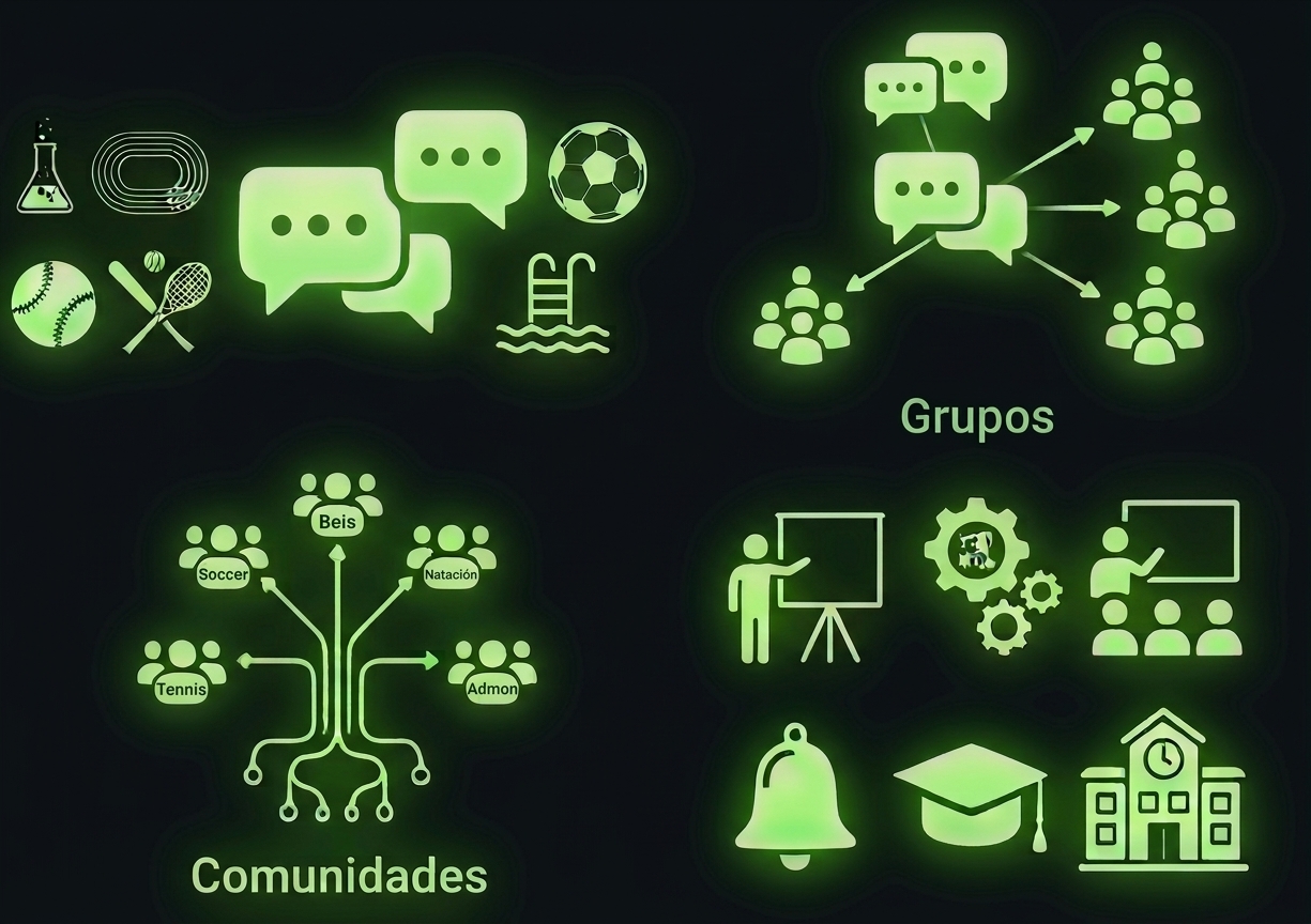 Clusters de personas conectadas con chats grupales